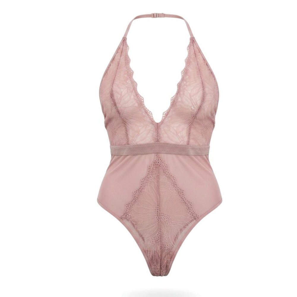 Frederick's Hollywood Saffron Teddy Bodysuit Pink Lace Halter NWT Large Sexy - Picture 1 of 8